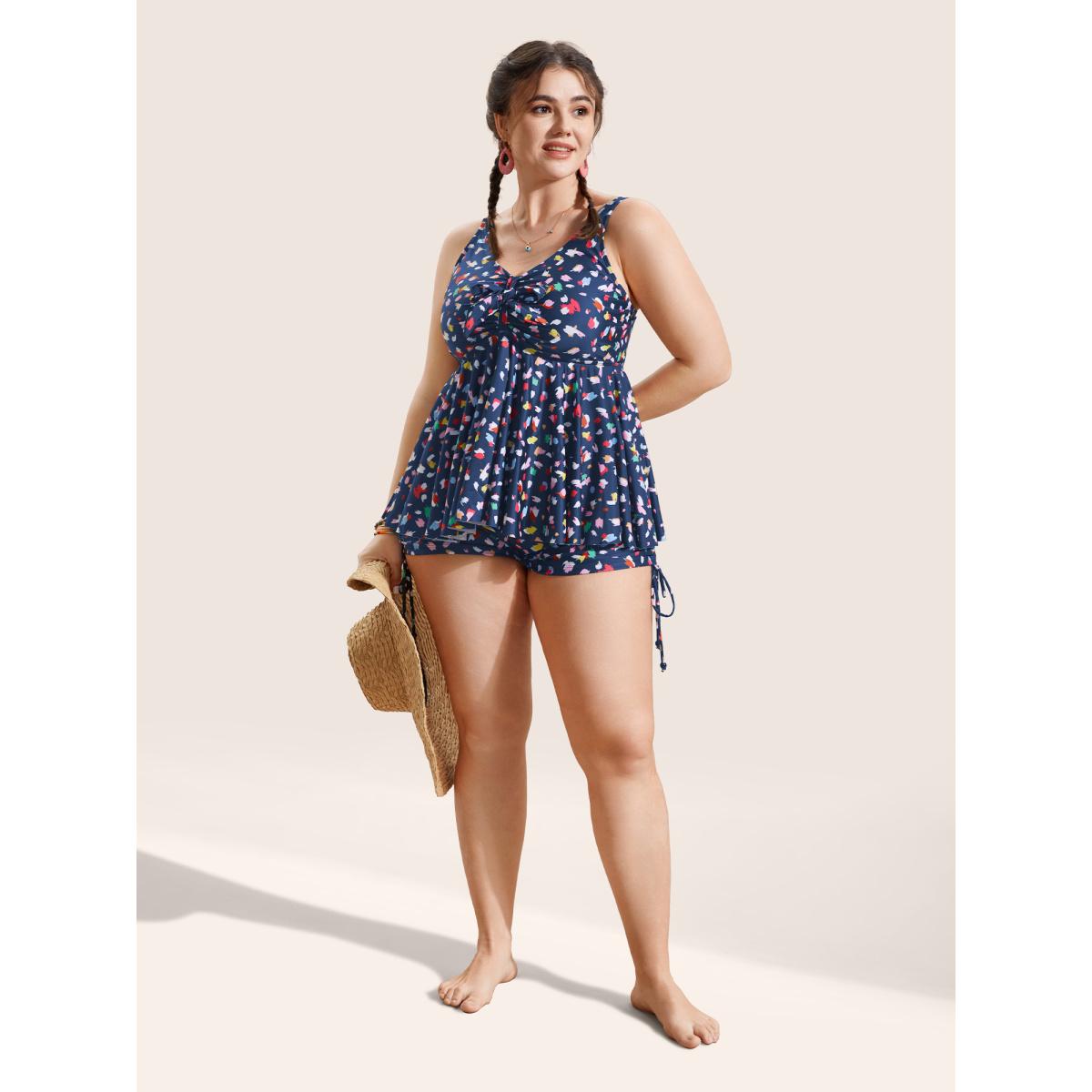 Plus Size Allover Print V Neck Gathered Swim Top Women's Swimwear Aegean Beach Gathered High stretch Bodycon V-neck Curve Swim Tops BloomChic 26/4X Product Image