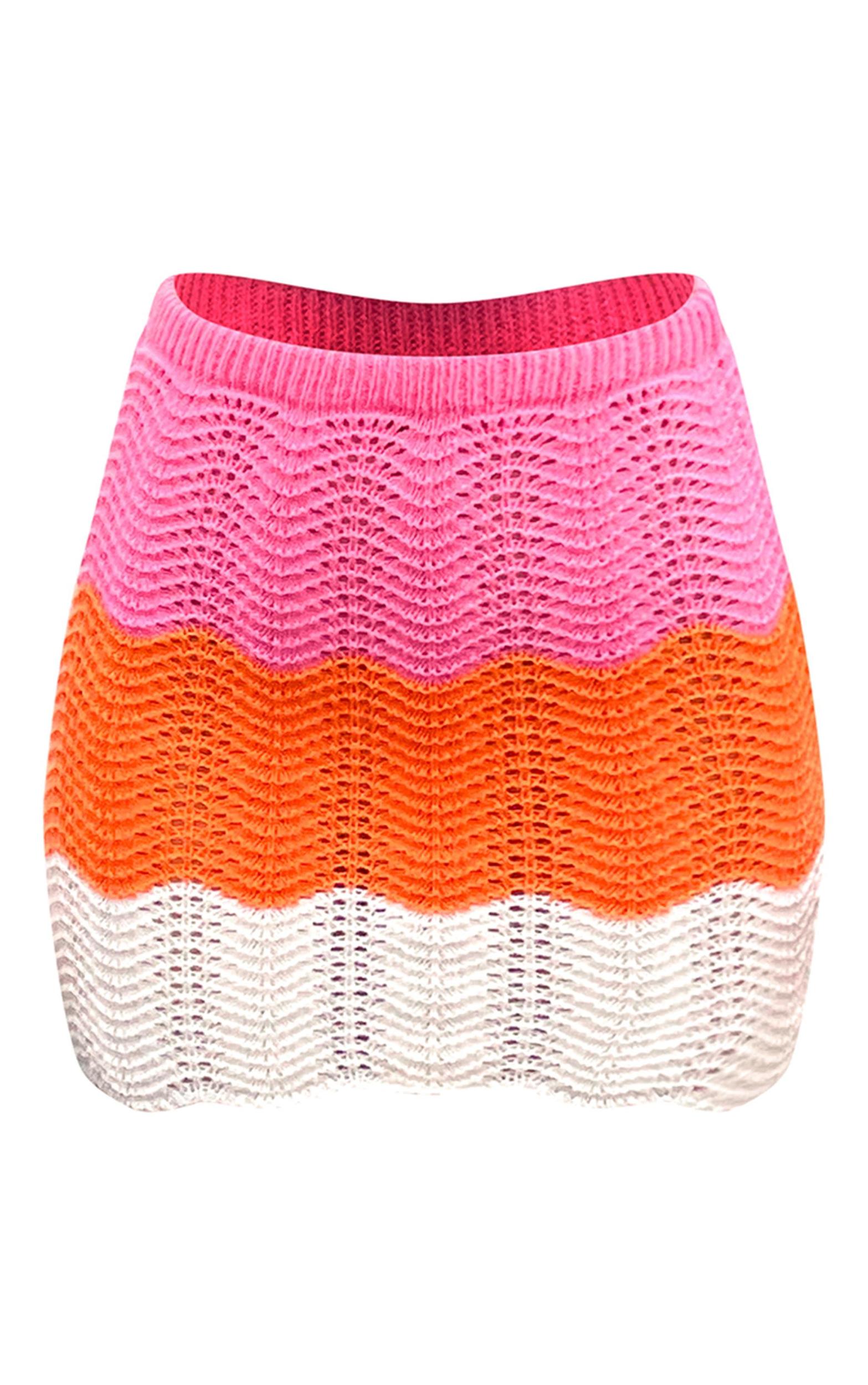 Pink Contrast Crochet Knit Mini Skirt Product Image