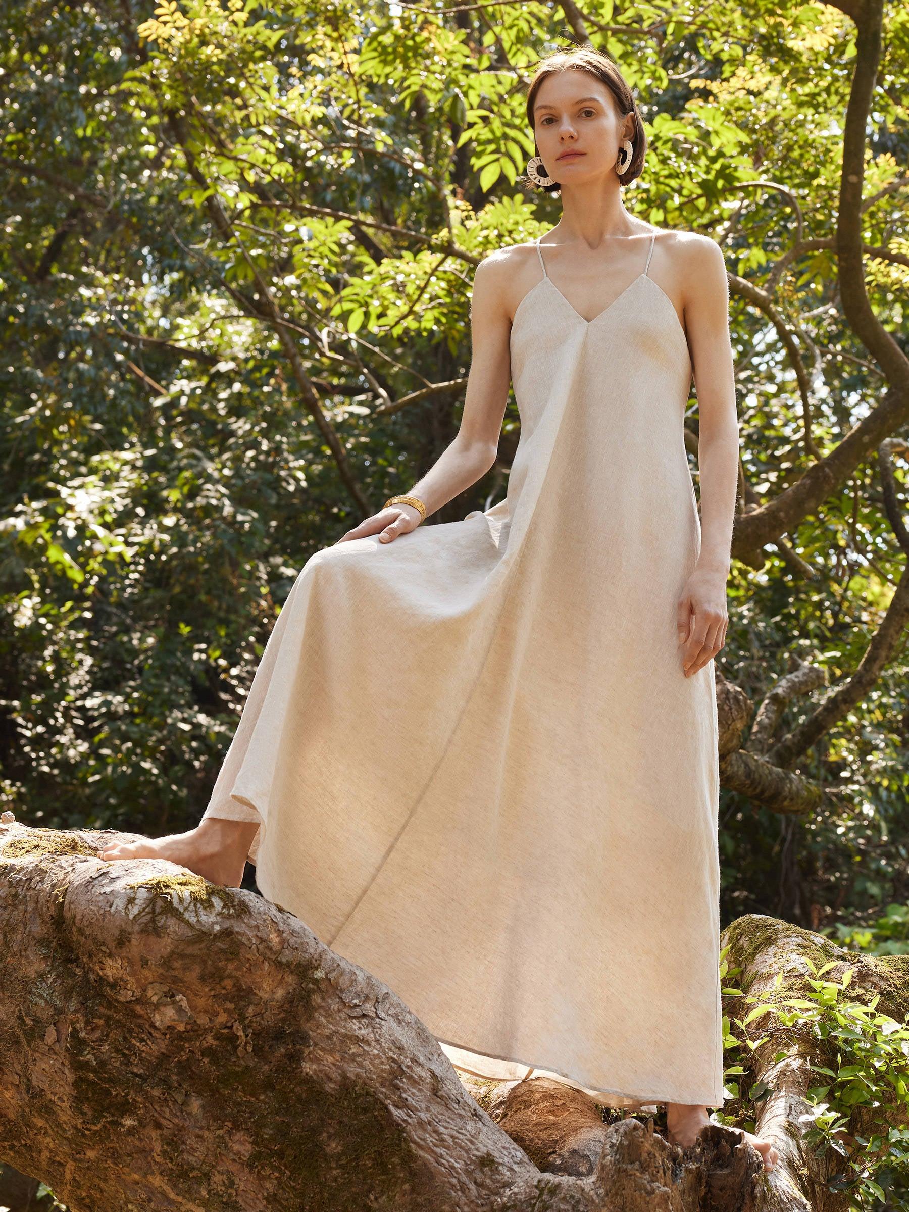 100% Linen Women Backless Strap Maxi Dress Product Image