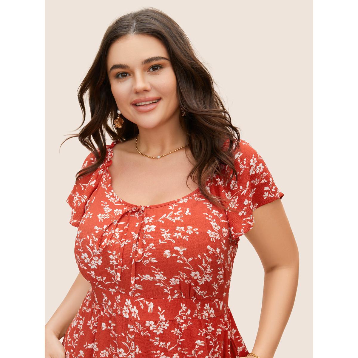 Plus Size Rust Crew Neck Ditsy Floral Tie Knot Jumpsuit Women Elegant Cap Sleeve Round Neck Everyday Loose Jumpsuits BloomChic 14-16/1X Product Image