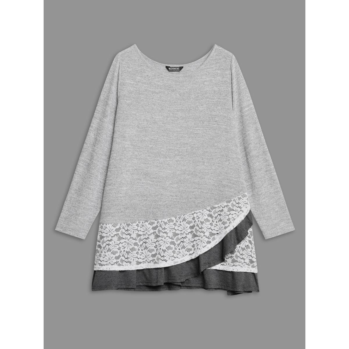 Plus Size Lace Overlap Hem Round Neck T-Shirt LightGray Women Casual Overlapping Round Neck Everyday T-shirts BloomChic 12/L Product Image