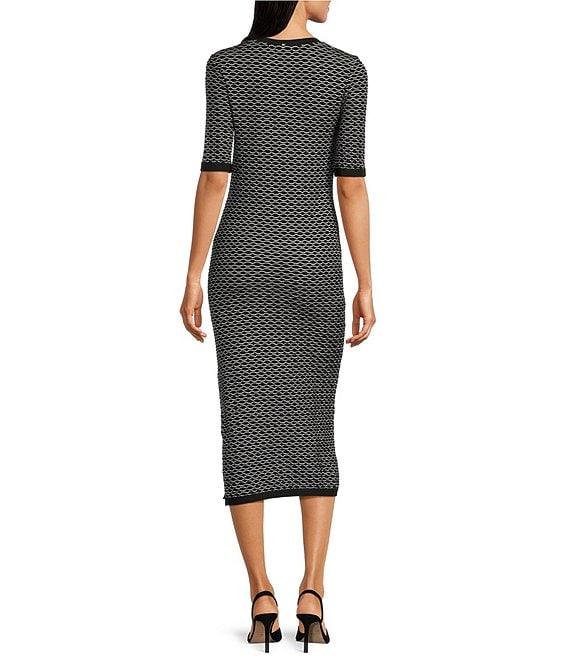 BOSS by Hugo Boss Etanah Monochrome Honeycomb Knit Round Neck 3/4 Sleeve Midi Dress Product Image