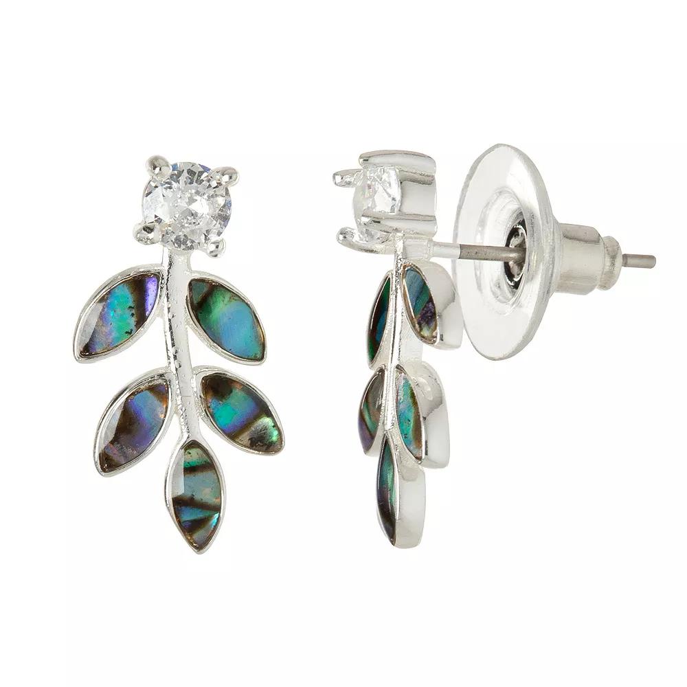 City Luxe Silver Tone Abalone & Cubic Zirconia Leaf Drop Earrings, Women's Product Image