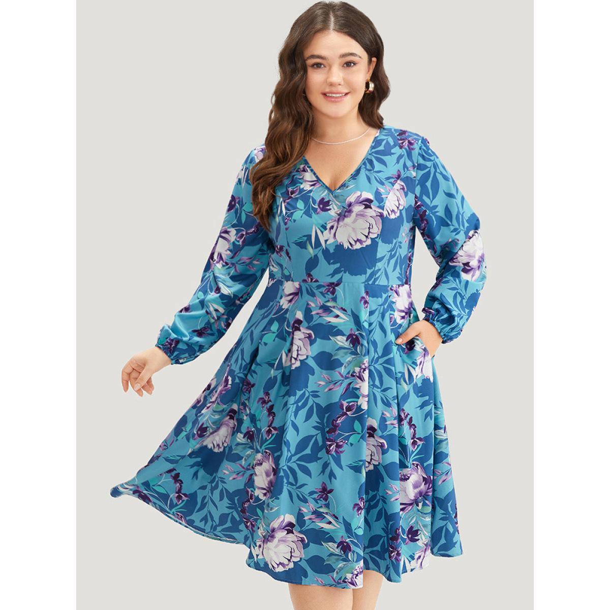 Plus Size Floral Print Pleated Flutter Zipper Dress Multicolor Women Office Elastic cuffs V-neck Long Sleeve Curvy Midi Dress BloomChic 18-20/2X Product Image