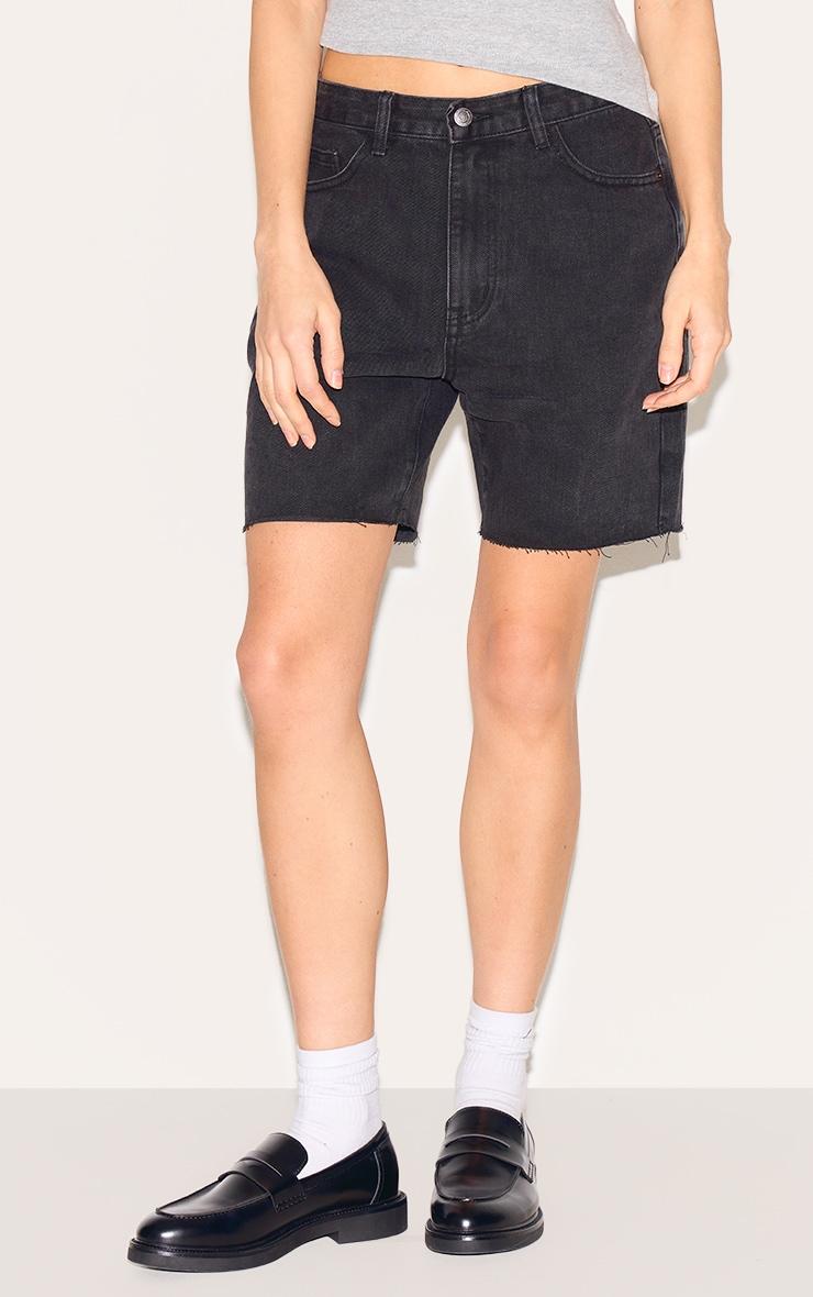 Washed Black Longline Fitted Denim Shorts Product Image