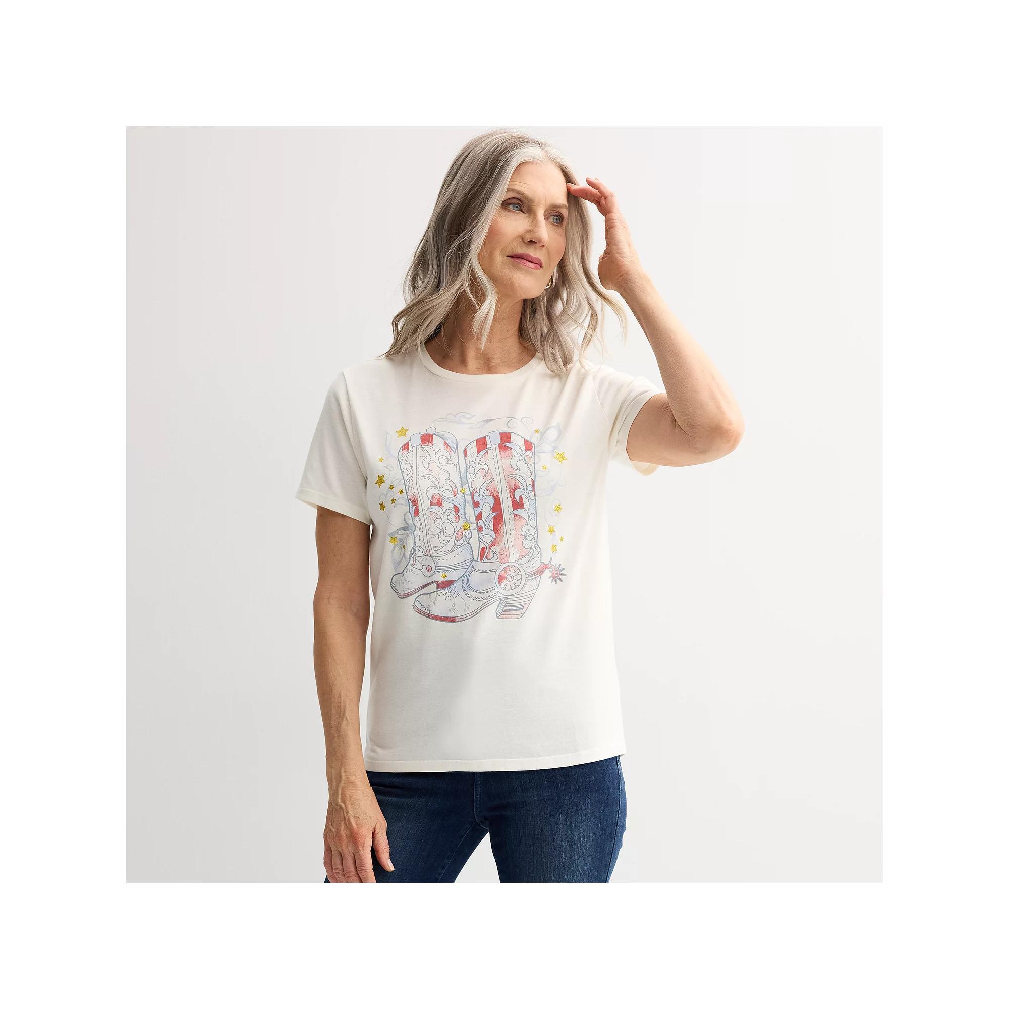 Women's Red White & Blue Cowgirl Boots Graphic Tee, Girl's, Size: Large, Egret Product Image