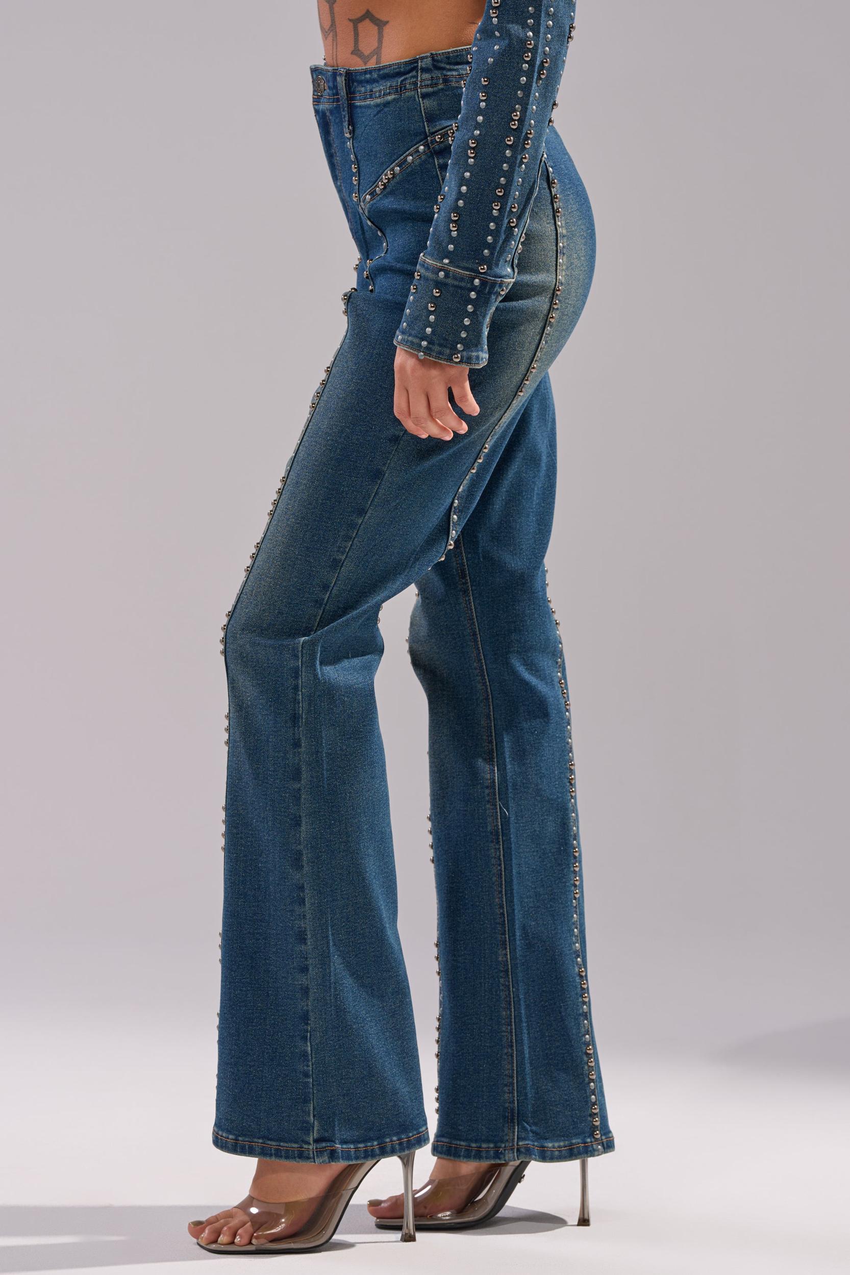 GLAMOUR STUDDED FLARE DENIM PANT Product Image