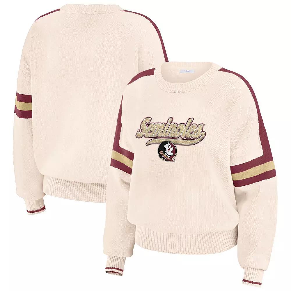 Women's WEAR by Erin Andrews Cream Florida State Seminoles Chenille Woven Patch Stripe Pullover Sweater,  Product Image