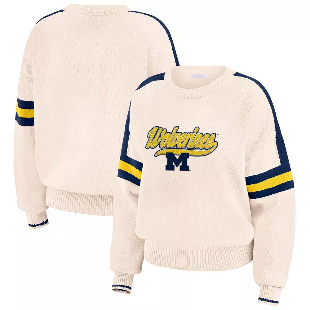 Women's WEAR by Erin Andrews Cream Michigan Wolverines Chenille Woven Patch Stripe Pullover Sweater,  Product Image