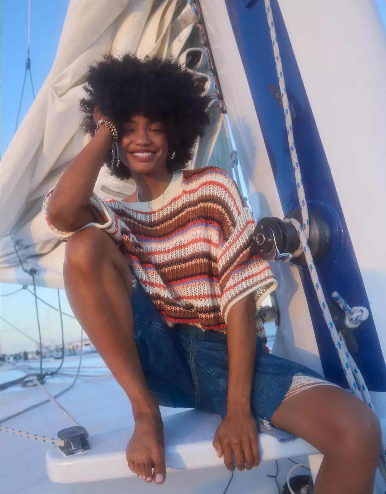 Aerie Crochet Oversized Short Sleeve Sweater Product Image