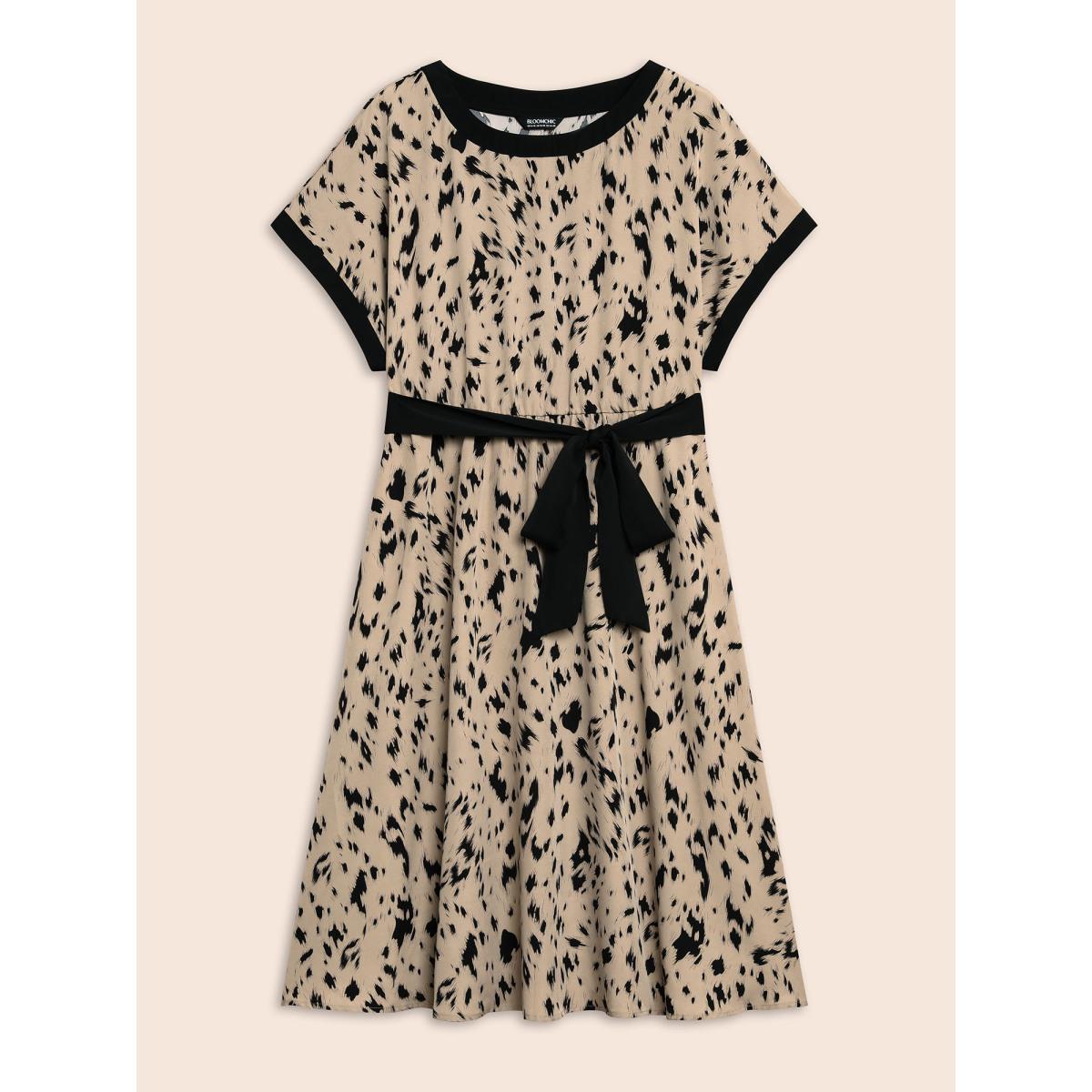 Plus Size Leopard Print Contrast Trim Dolman Sleeve Dress Leopard Women At the Office Belted Round Neck Short sleeve Curvy BloomChic 10/M Product Image