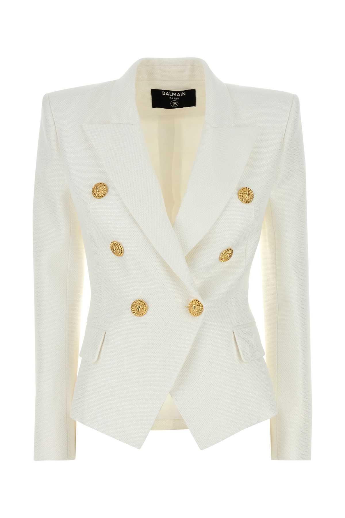 BALMAIN Double-breasted Structured Denim Blazer With Peak Lapel In White Product Image