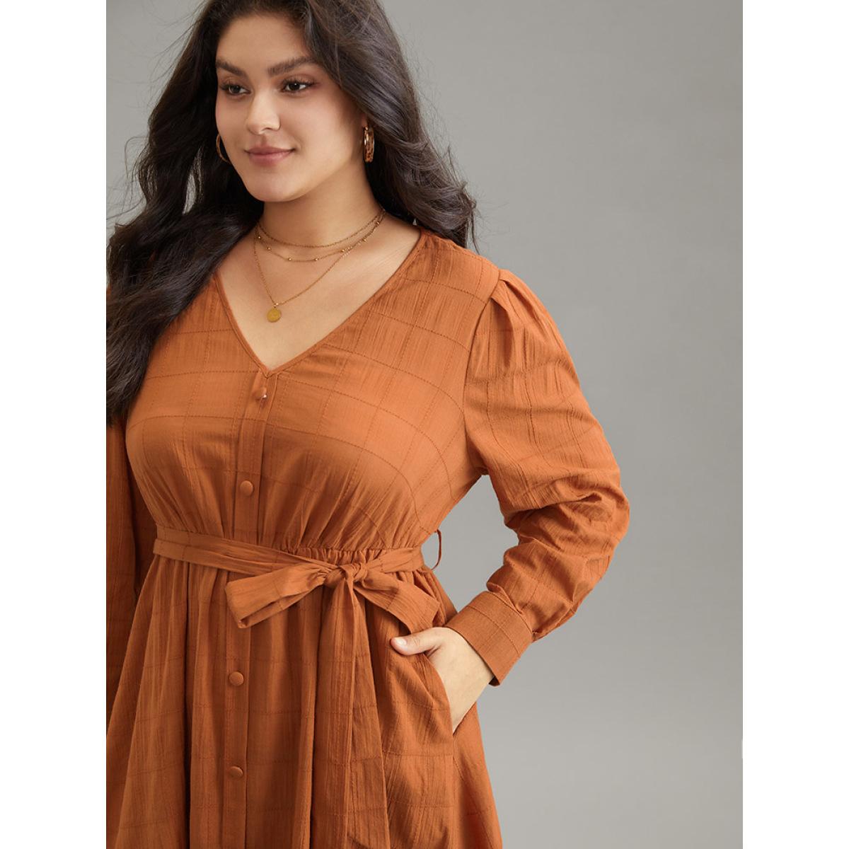 Plus Size Cotton Plain Textured Pleated Button Detail Belted Dress Chocolate Women Casual Plain V-neck Long Sleeve Curvy Midi Dress BloomChic 14-16/1X Product Image