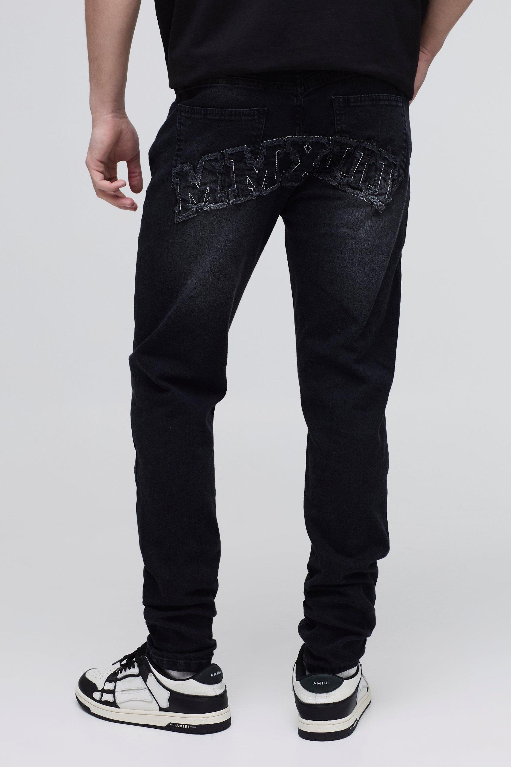 Skinny Stretch Acid Wash Applique Denim Jeans | boohooMAN USA Product Image