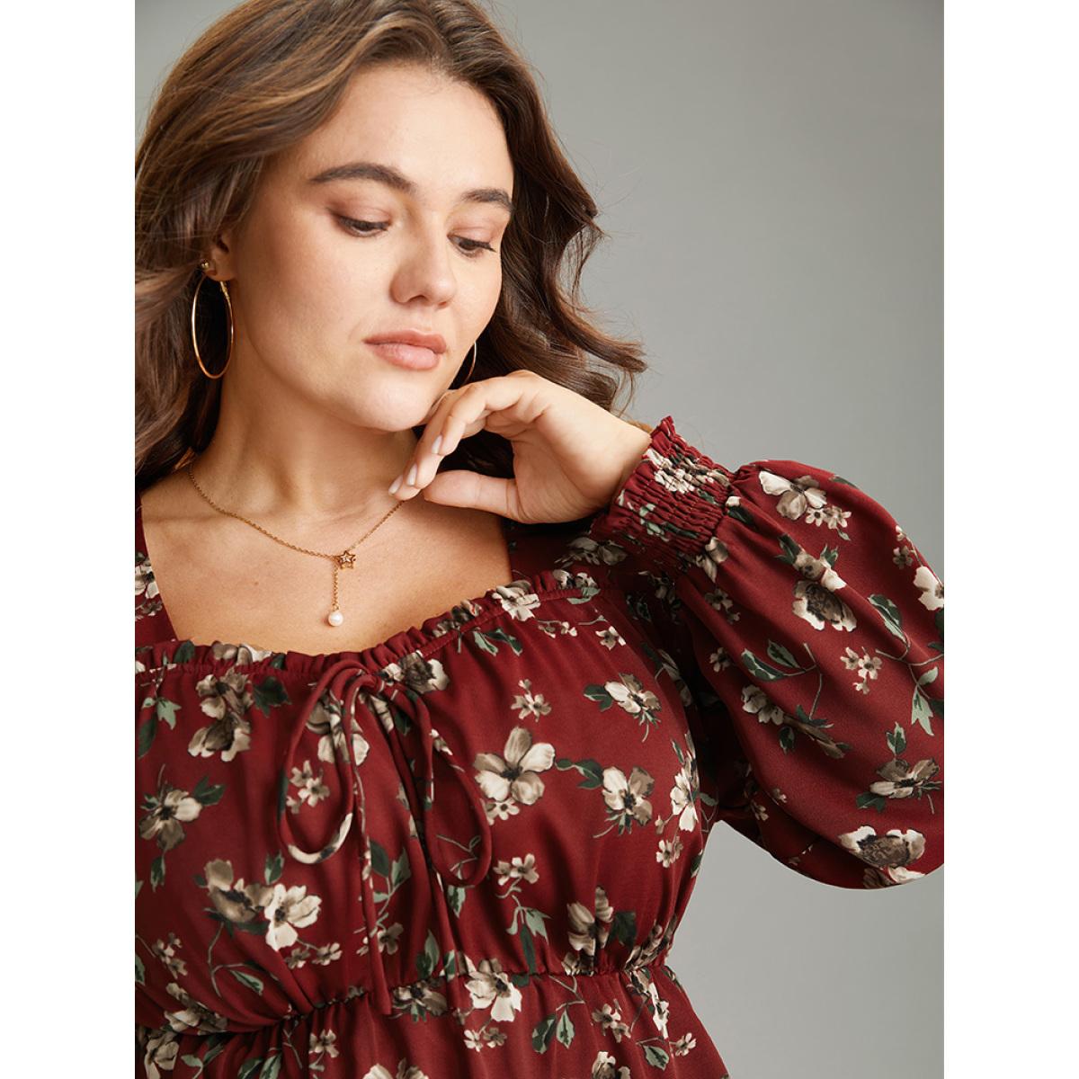 Plus Size Scarlet Ditsy Floral Shirred Ties Square Neck Blouse Women Elegant Long Sleeve Square Neck Dailywear Blouses BloomChic 14-16/1X Product Image