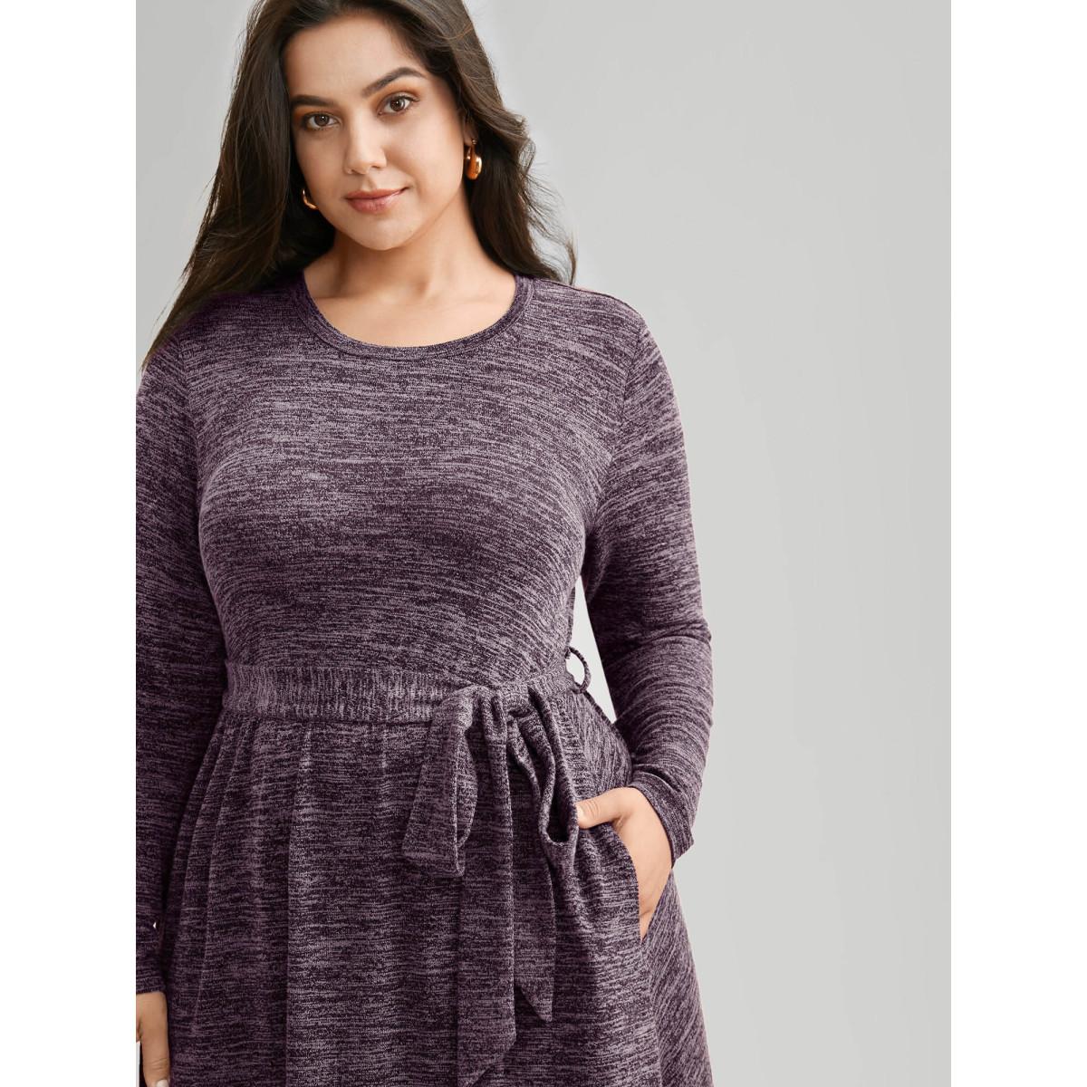 Plus Size Round Neck Heather Belted Dress Deeppurplered Women At the Office Texture Round Neck Long Sleeve Curvy BloomChic 26/4X Product Image