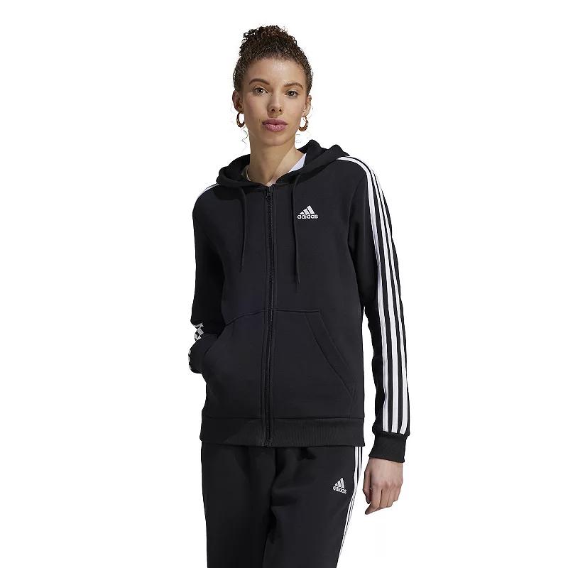 Women's adidas Essentials 3-Stripes Full-Zip Fleece Hoodie, Size: XS, Black White Product Image