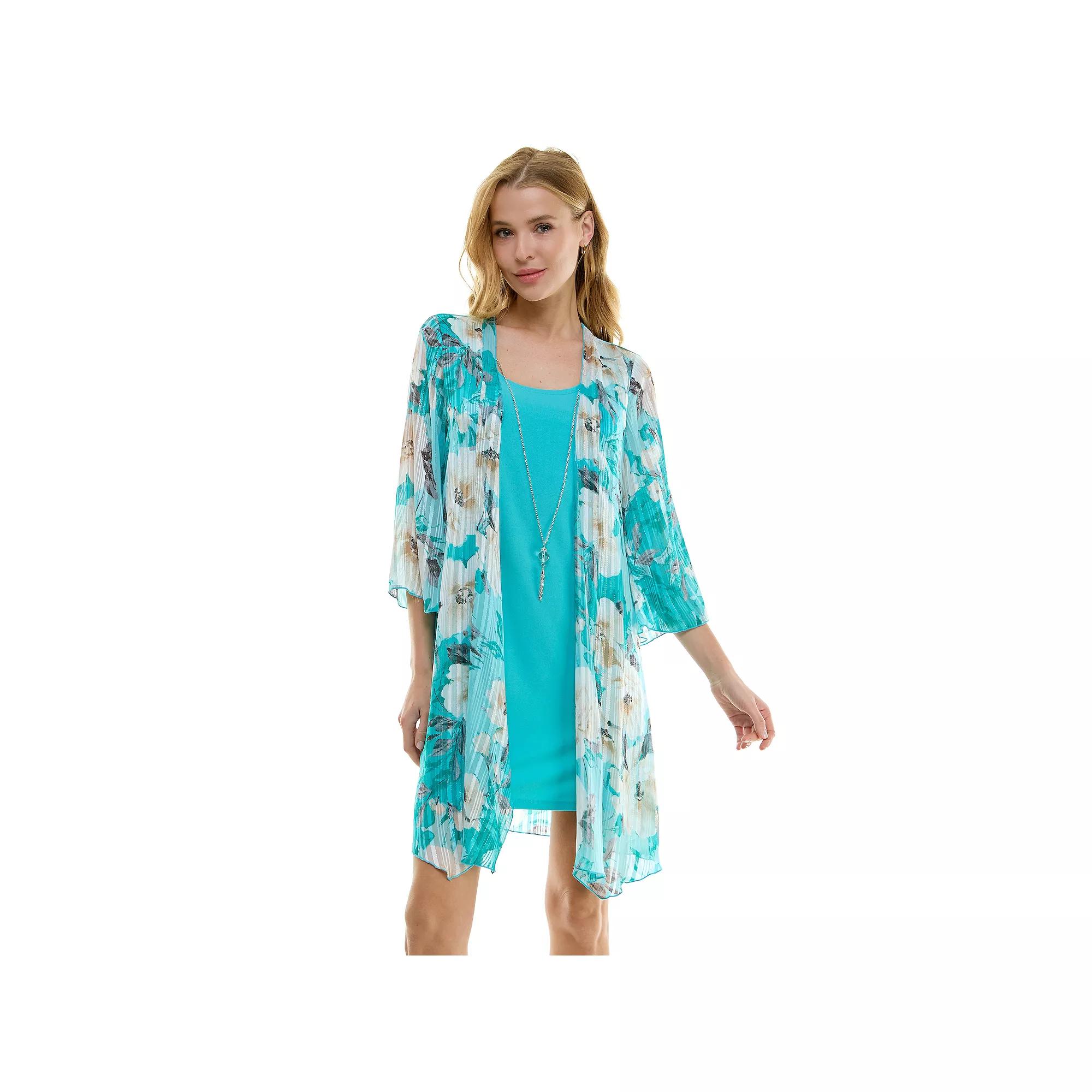 Womens Luxology 2-Piece Bell Sleeve Jacket & Drop Collar Dress Set Mint Gray Brown Product Image