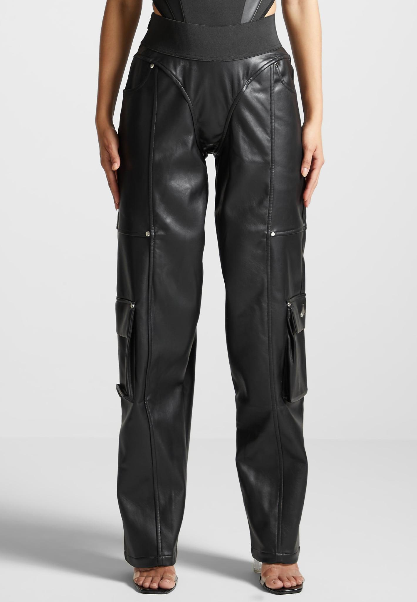 Elasticated Waist Leather Cargo Trousers - Black Female Product Image