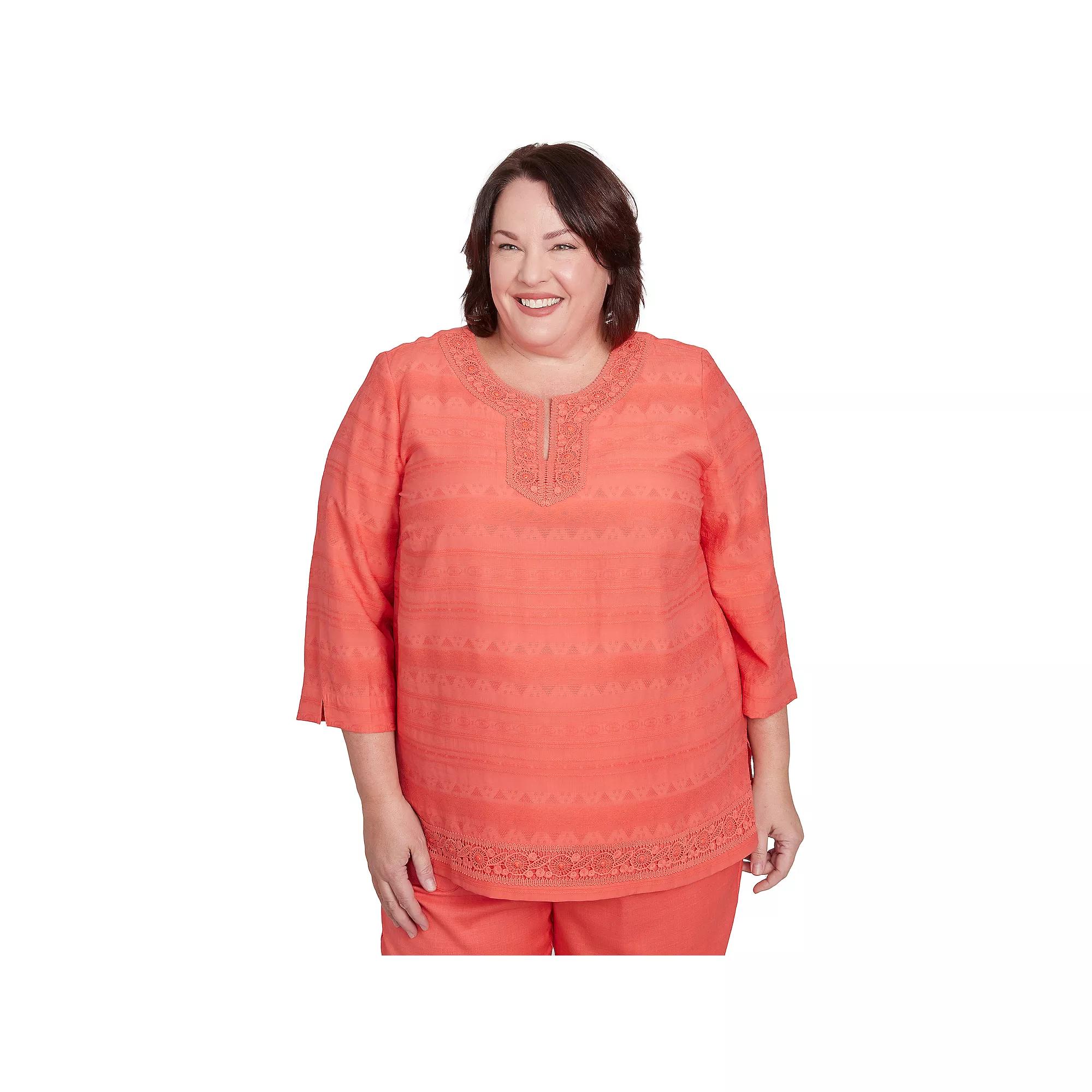 Plus Size Alfred Dunner Solid Textured Lace Trim Shirt, Women's, Size: 2XL, Orange Product Image