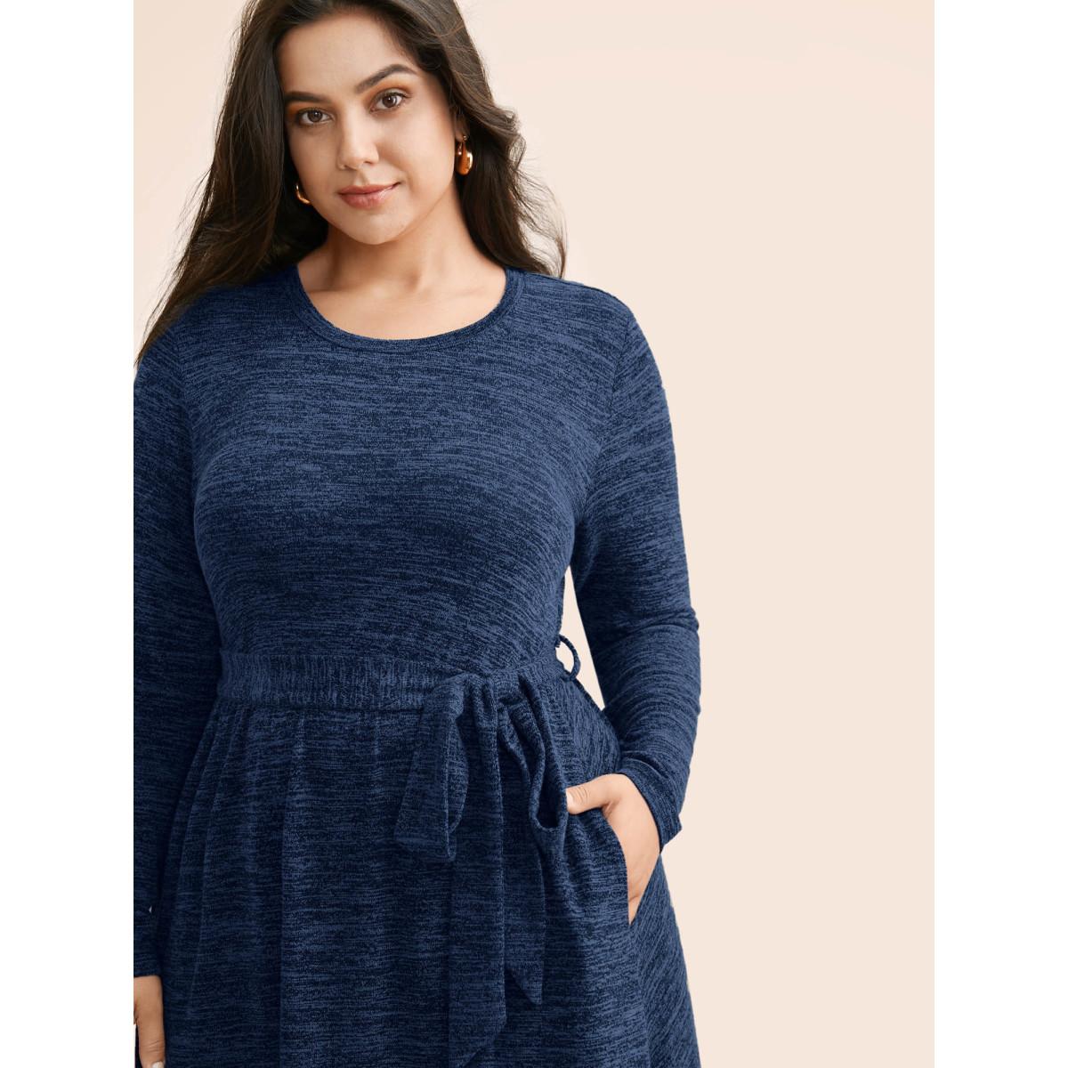Plus Size Round Neck Heather Belted Dress Mediumblue Women At the Office Texture Round Neck Long Sleeve Curvy BloomChic 14-16/1X Product Image