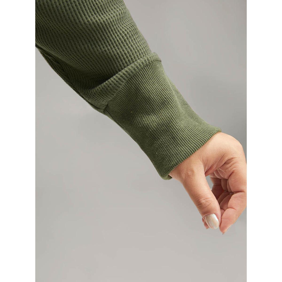 Plus Size Plain Textured Belted Button Up Dress ArmyGreen Women Casual Texture Round Neck Long Sleeve Curvy Midi Dress BloomChic 12/L Product Image