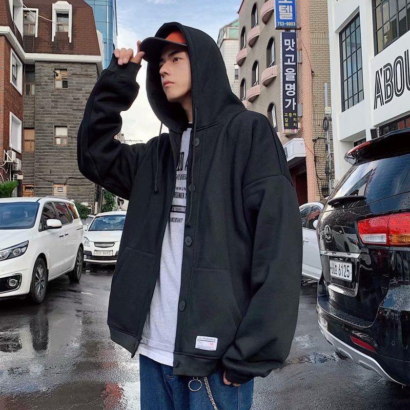 Lettering Applique Drawstring Fleece-Lined Button Hoodie Product Image