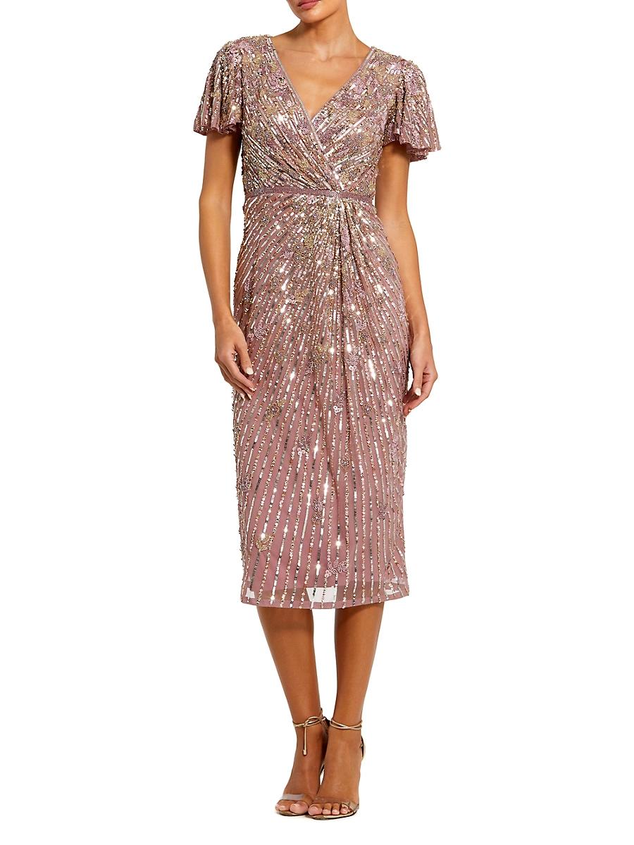 Womens Cocktail Beaded Faux Wrap Midi-Dress Product Image