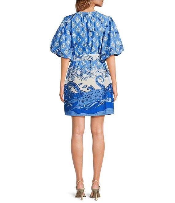 A Loves A Border Print Mandarin Collar Short Bubble Sleeve Button Front Tie At Waist Sheath Mini Dress Product Image