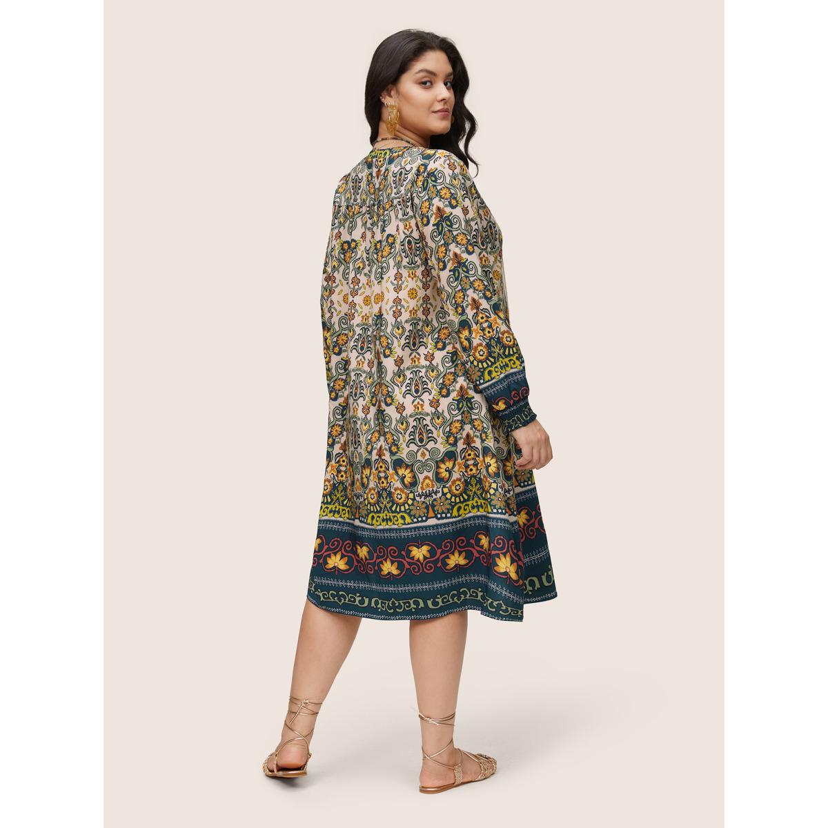 Plus Size Bandana Print Tassels Ties Shirred Cuffs Dress DarkGreen Women Vacation Tassels Tie Neck Long Sleeve Curvy Midi Dress BloomChic 22-24/3X Product Image