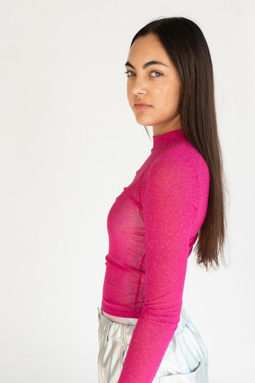 Fuchsia Glitter Mock Neck Long Sleeve Top Product Image