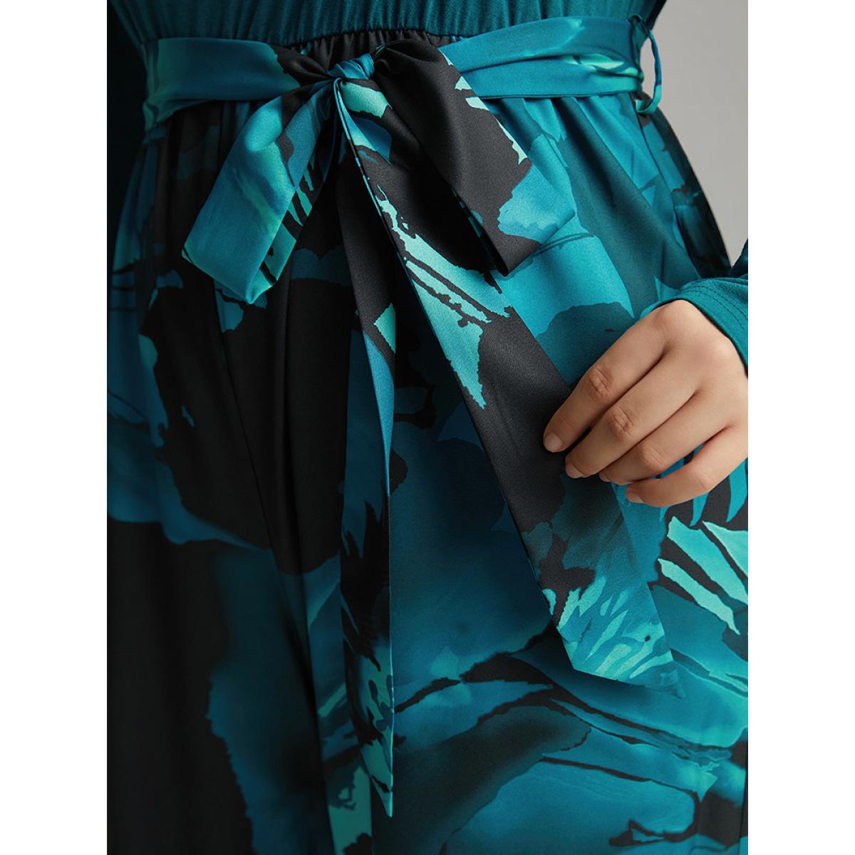 Plus Size Teal Floral Square Neck Gathered Belted Jumpsuit Women Glamour Long Sleeve Square Neck Going out Loose Jumpsuits BloomChic 10/M Product Image