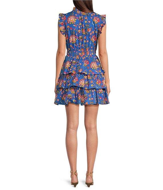 Ro's Garden Bimba Woven Floral Print Split Tie Neck Flutter Sleeve Tiered Mini Dress Product Image