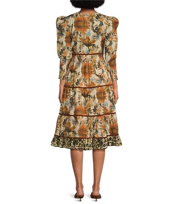 Ro's Garden Robin Floral Print Round Neck 3/4#double; Puff Sleeve Smocked Waist Tiered A-Line Midi Dress Product Image