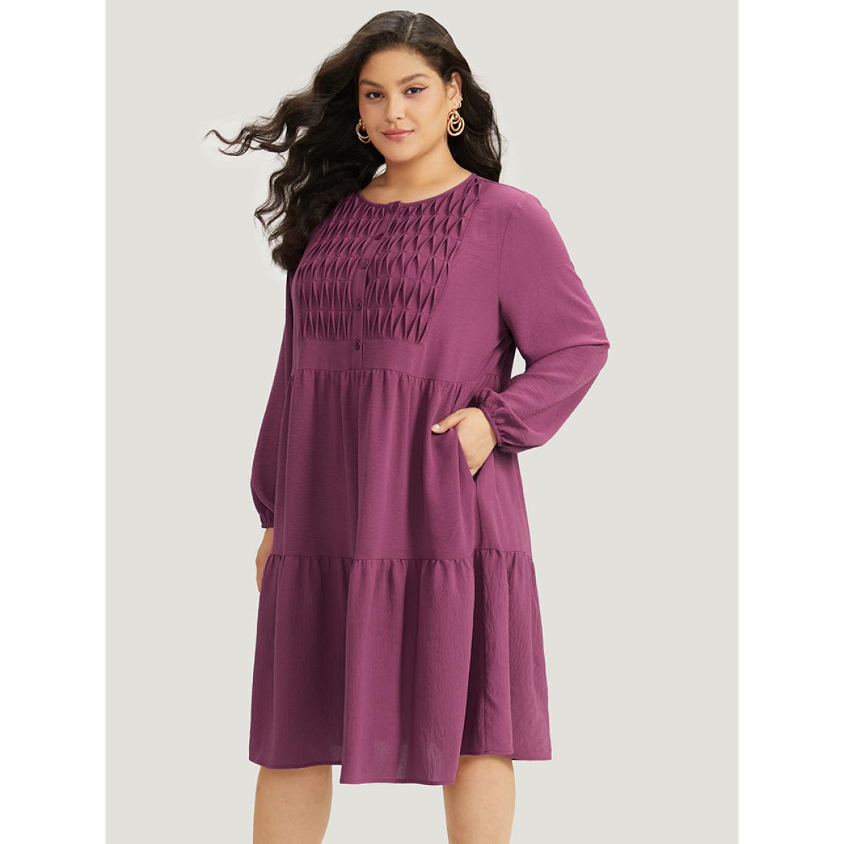 Plus Size Plain Plicated Detail Layered Hem Dress RedViolet Women Elegant Elastic cuffs Round Neck Long Sleeve Curvy Midi Dress BloomChic 10/M Product Image