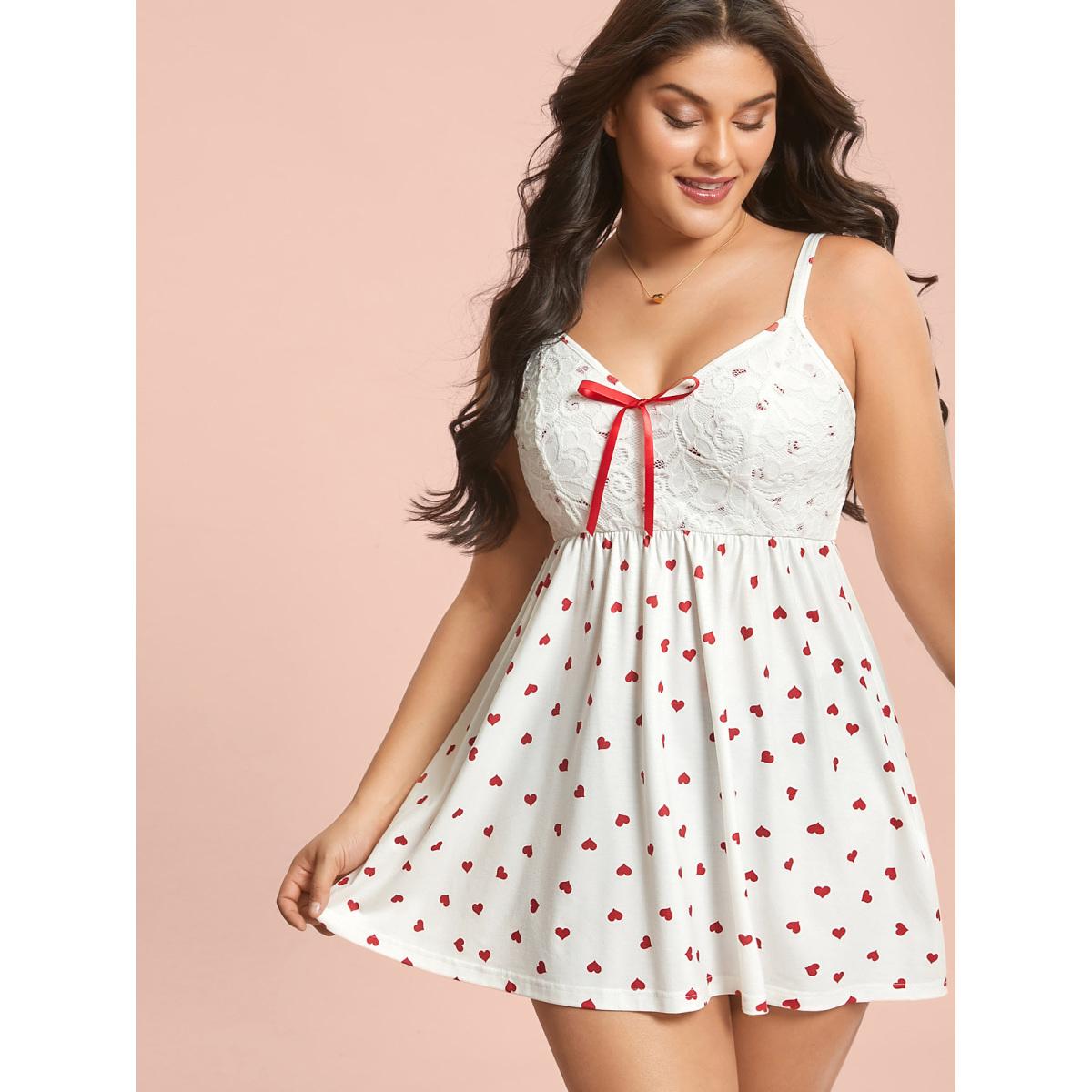 Plus Size Bow Lace Heart Print Lounge Dress Women Originalwhite Leisure Woven ribbon&lace trim V-neck Loungewear BloomChic 12/L Product Image