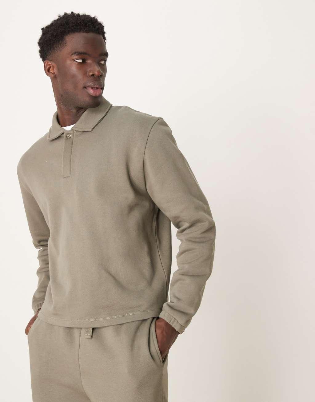 ASOS DESIGN boxy oversized polo sweatshirt in khaki - part of a set Product Image