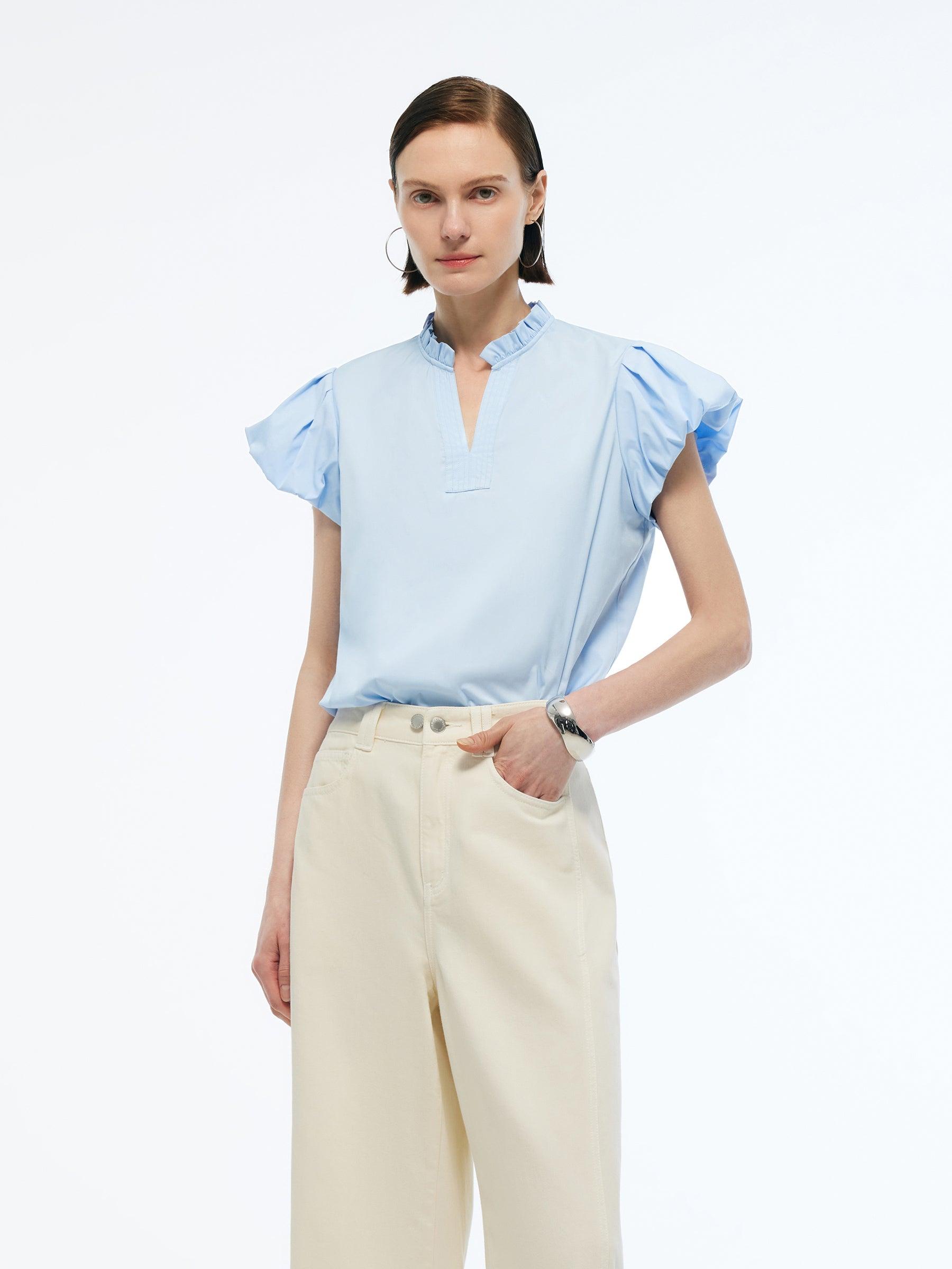 Ruffle Collar V-Neck Women Puff Sleeve Blouse Product Image