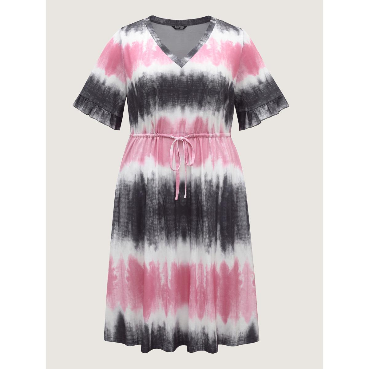 Plus Size Supersoft Tie-Dye Drawstring Midi Dress Multicolor Women Playful V-neck Short sleeve Curvy BloomChic 18-20/2X Product Image