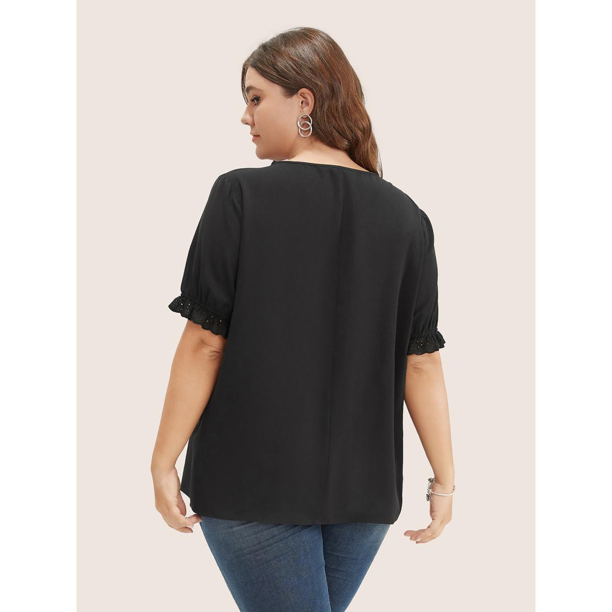 Plus Size Black Solid Lace Trim Button Up Laser Cut Puff Sleeve Blouse Women Elegant Short sleeve V-neck Everyday Blouses BloomChic 10/M Product Image