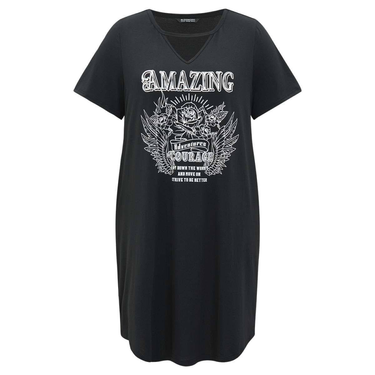 Plus Size Graphic & Letter Print Pocket Cut Out Dress Black Women Casual Plain Curvy Midi Dress BloomChic 10/M Product Image