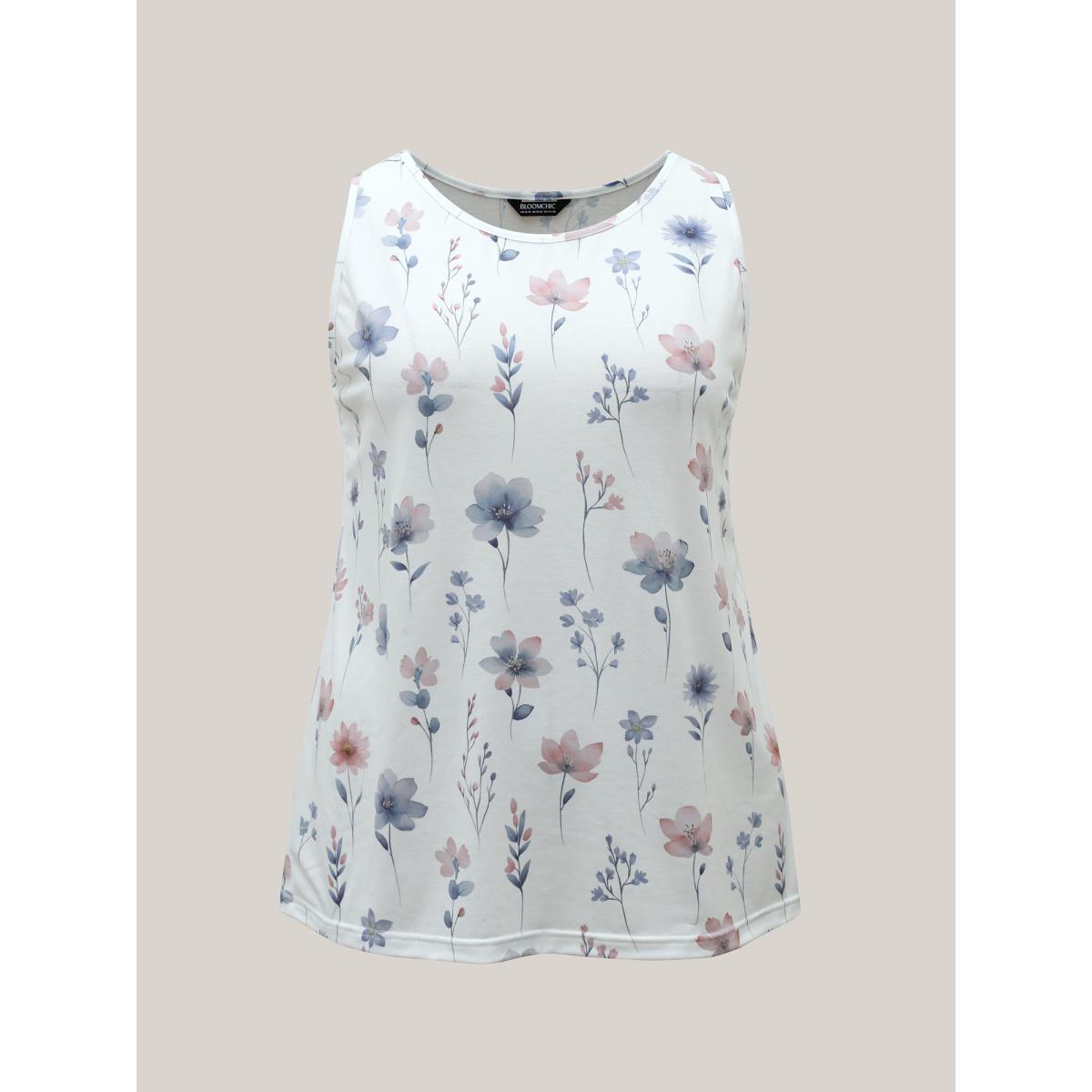 Plus Size Stretchy Floral Print Fitted Vest Women WhiteSmoke Leisure Non Round Neck Casual Tank Tops Camis BloomChic 30/6X Product Image