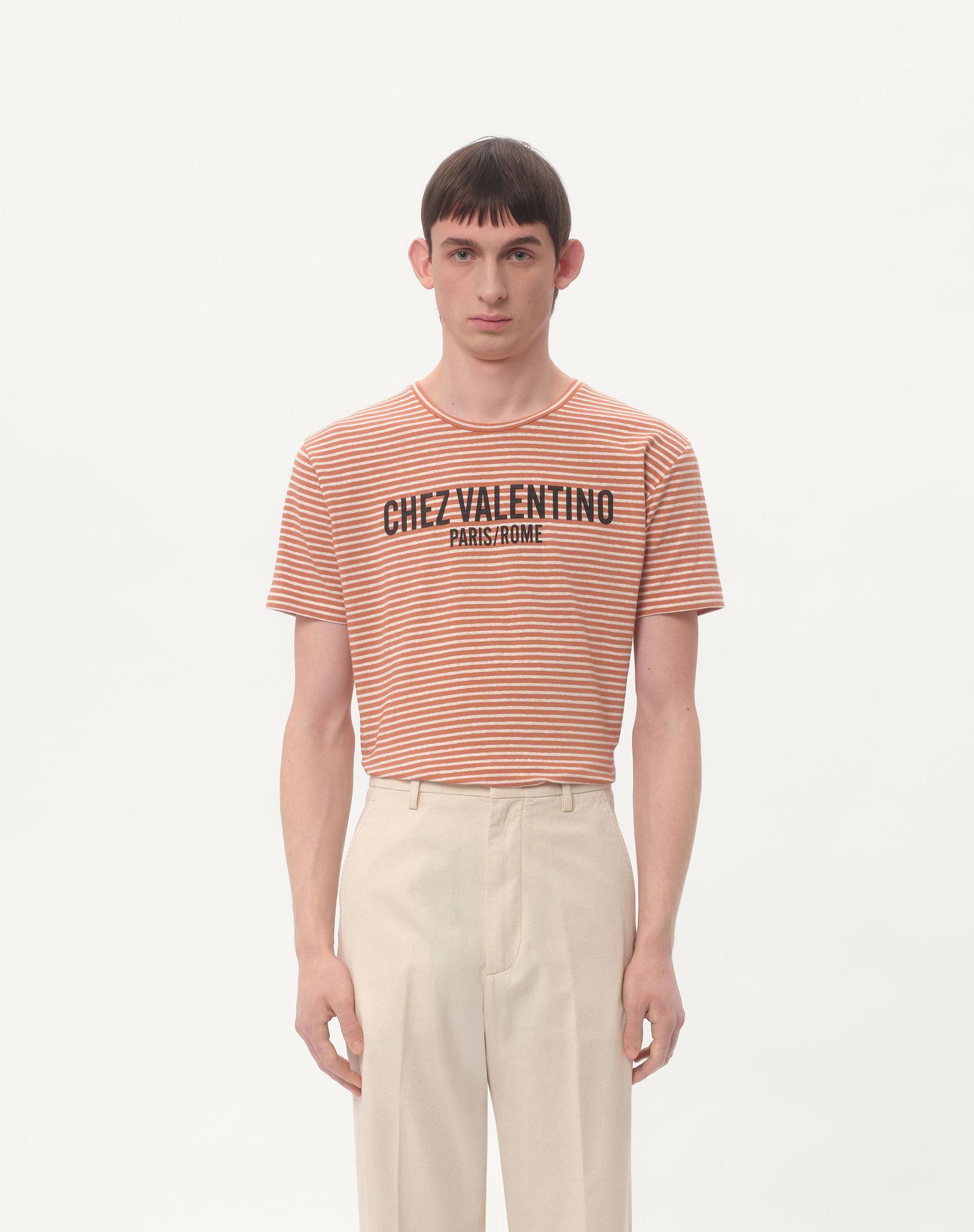 Striped Cotton T-Shirt With Chez Valentino Print Product Image