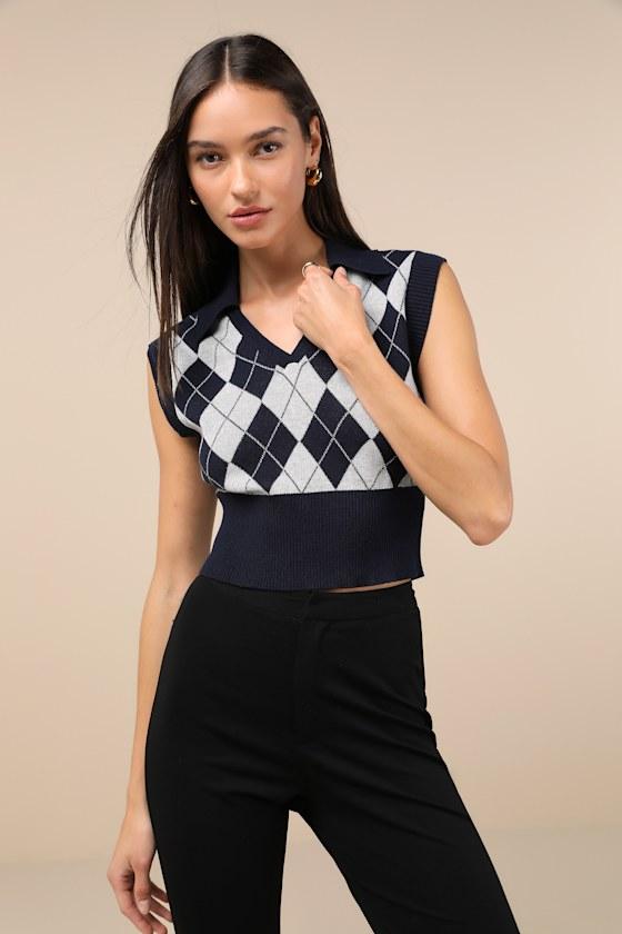 Skillful Poise Navy and Grey Argyle Collared Sweater Vest Product Image