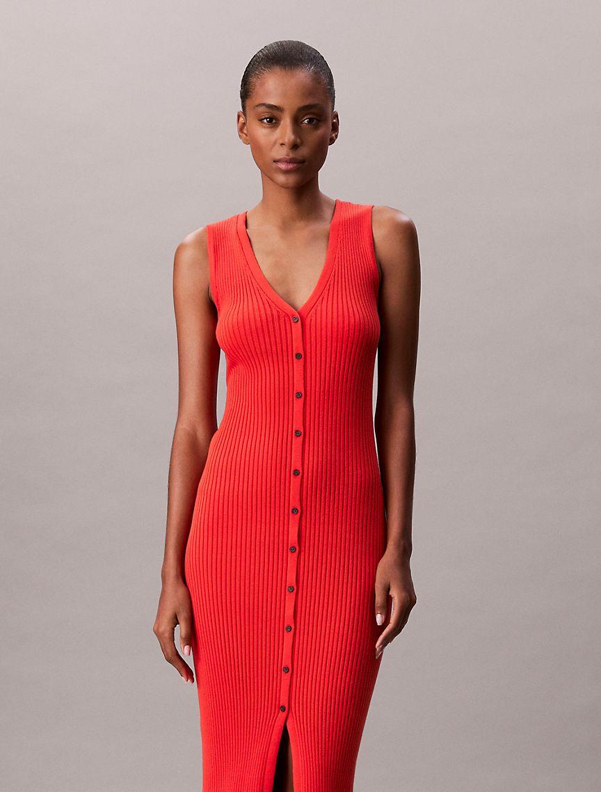 Cotton Rib V-Neck Dress Product Image