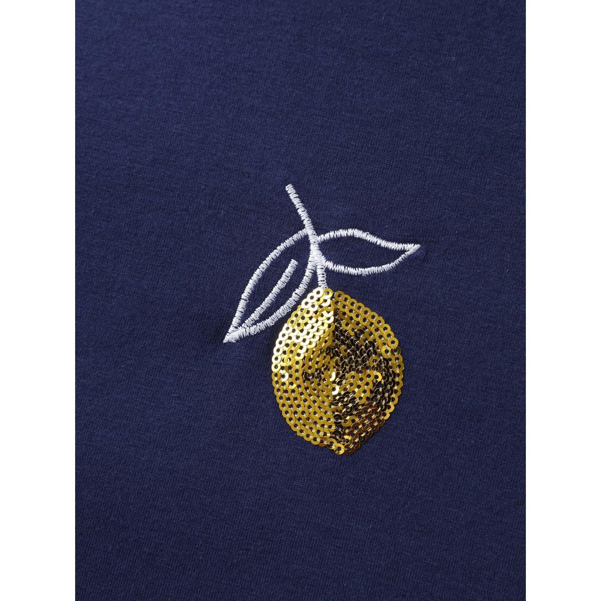 Plus Size Citrus Embroidered Shimmery Solid T-Shirt Indigo Women Embroidered V-neck Everyday-Casual T-shirts BloomChic 18-20/2X Product Image