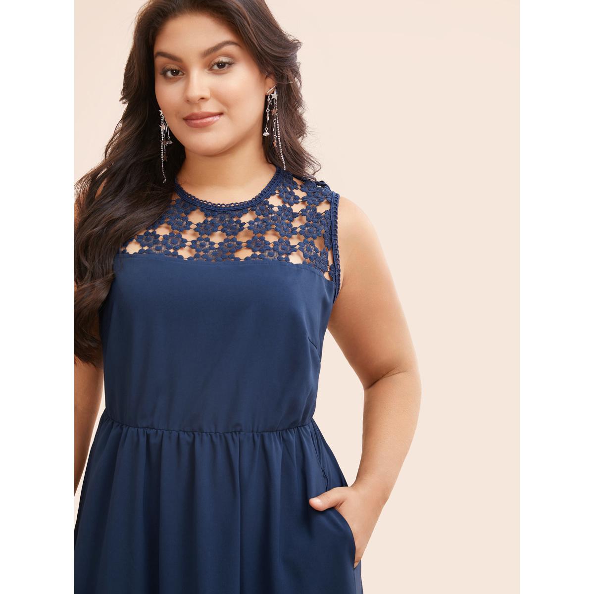 Plus Size Lace Panel Elastic Waist Sleeveless Dress DarkBlue Women Formal Woven ribbon&lace trim Party Curvy Bloomchic 30/6X Product Image