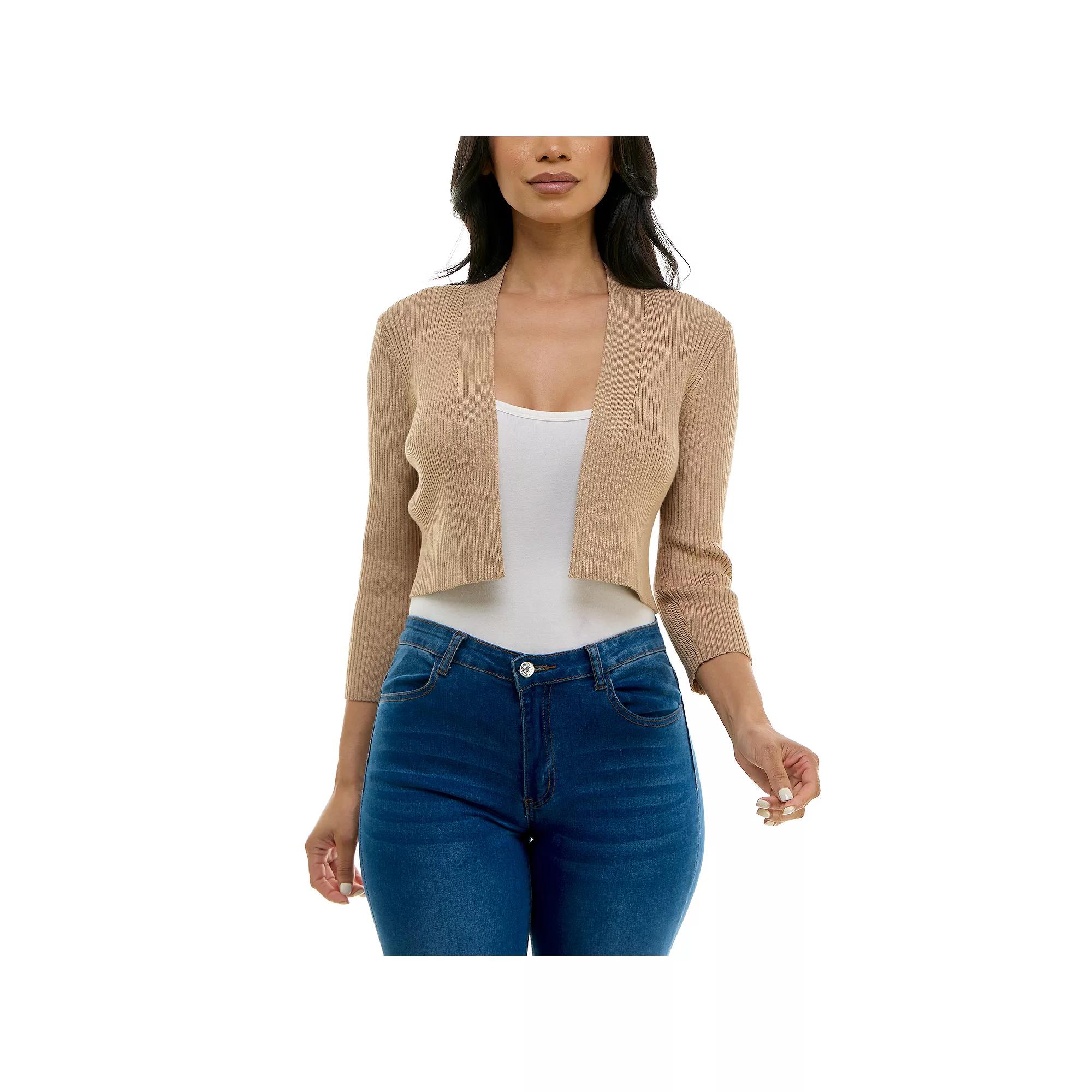 Women's Nina Leonard Three-Quarter Sleeve Ribbed Edge Bolero,  Product Image