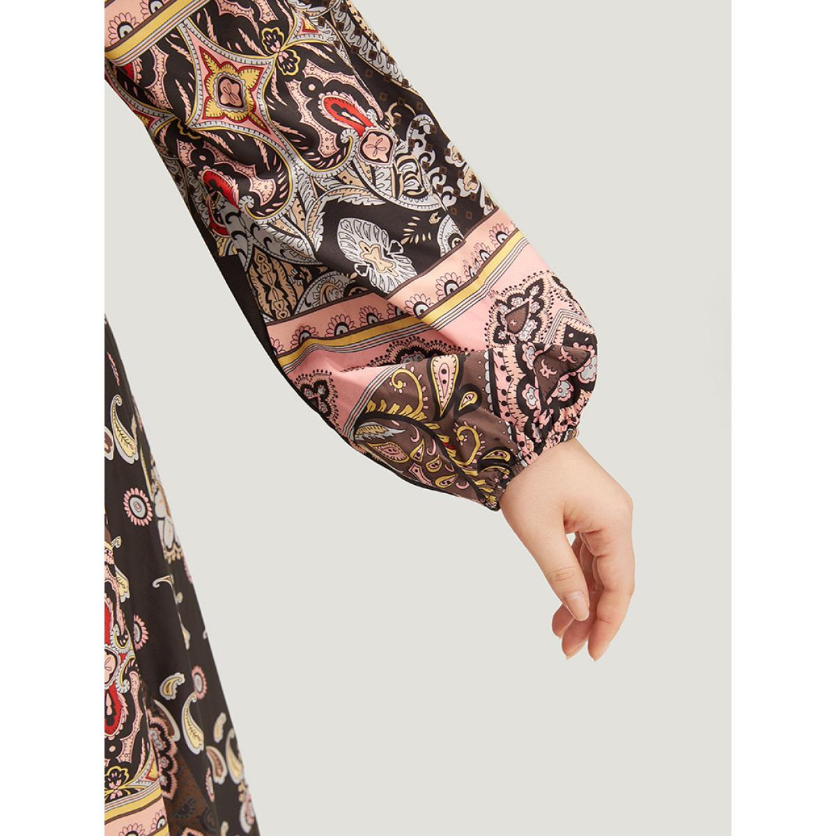 Plus Size Bandana Print Wrap Pocket Lantern Sleeve Dress Multicolor Women Vacation Elastic cuffs V-neck Long Sleeve Curvy Midi Dress BloomChic 12/L Product Image