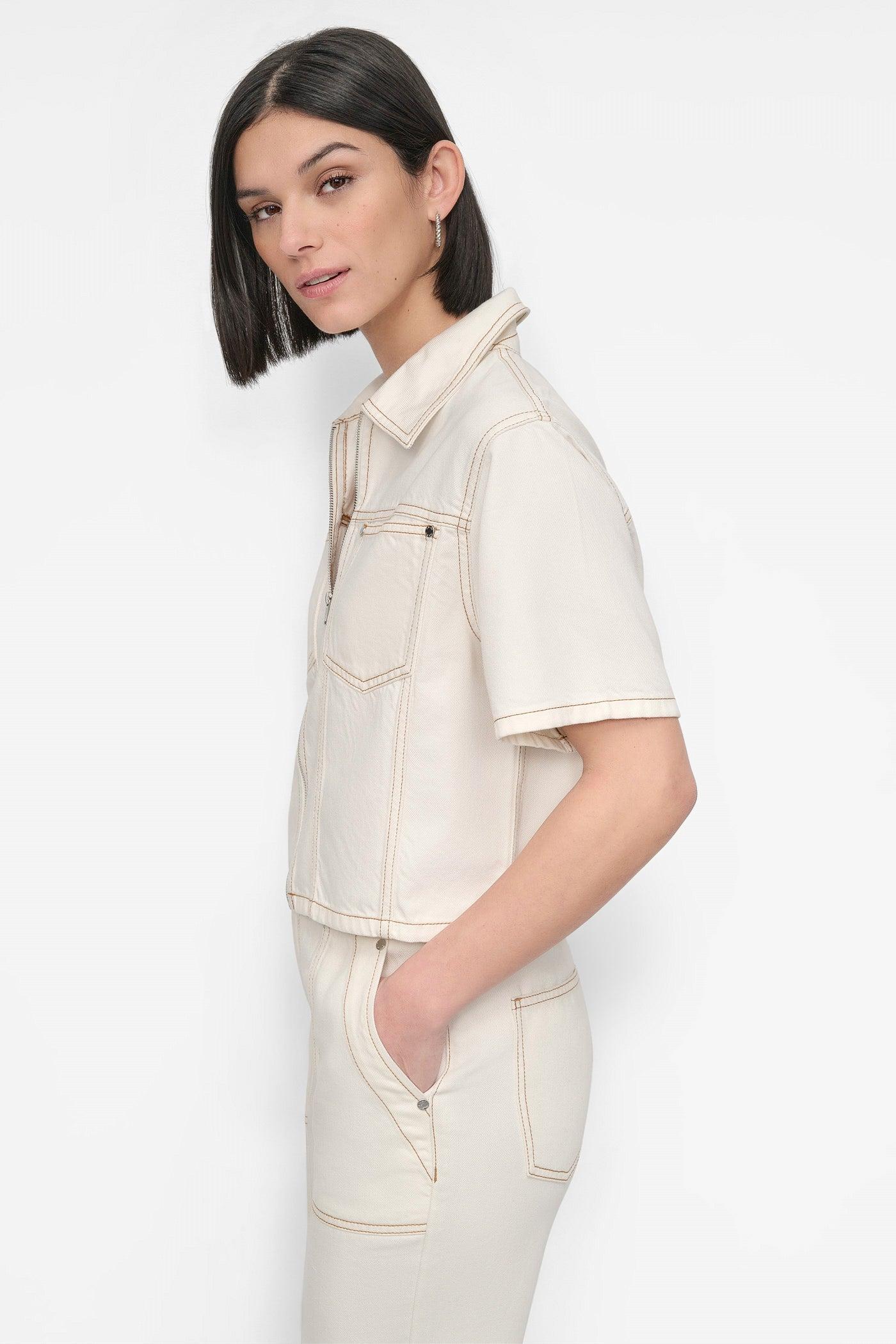 CROPPED ZIP-FRONT DENIM SHIRT Product Image